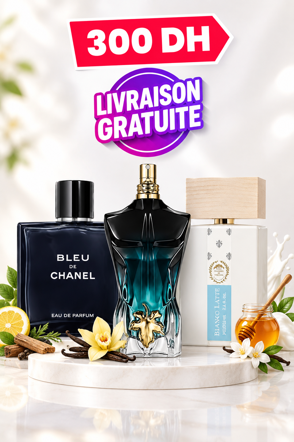 Pack Biancolatte ,bleu Chanel ,le beau le parfum ,300 dh livraison gratuite
